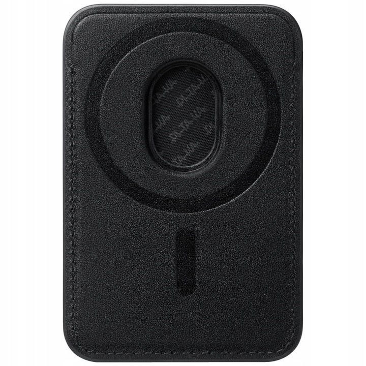 Czarny skórzany portfel MagSafe. Ma okrągłe wcięcie na górze z owalem pośrodku. Pionowa szczelina znajduje się na dole.