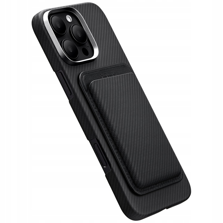 Czarne etui na telefon z fakturą włókna węglowego i uchwytem na karty. Soczewki aparatu widoczne na górze.