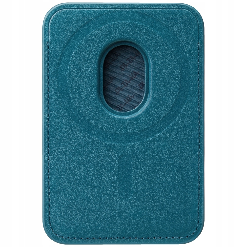Turkusowe skórzane etui na telefon z owalnym wycięciem. Szyte krawędzie i teksturowana powierzchnia. Owal odsłania łatkę z tkaniny.