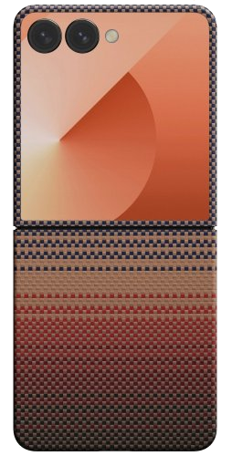 Składany telefon. Górna część pomarańczowa z aparatami. Dolna część ma tkany wzór w kolorach czerwonym, brązowym i czarnym.