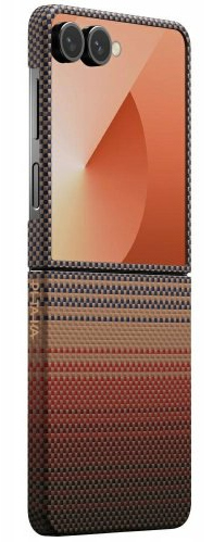 Składany telefon z wzorzystym etui. Ekran wyświetla gradient pomarańczowego i brązowego. Widoczne są dwa aparaty.