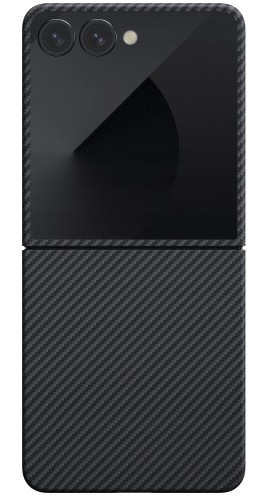 Złożony czarny smartfon z fakturą włókna węglowego na dolnej połowie. Ma kamery i lampę błyskową na górze.