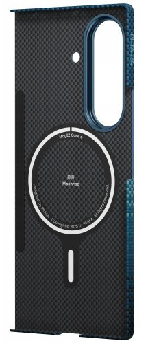 Etui na telefon z teksturą włókna węglowego, białym okręgiem, niebieską obwódką. Tekst zawiera 'Magi2 Case 6' i 'Moonrise'.