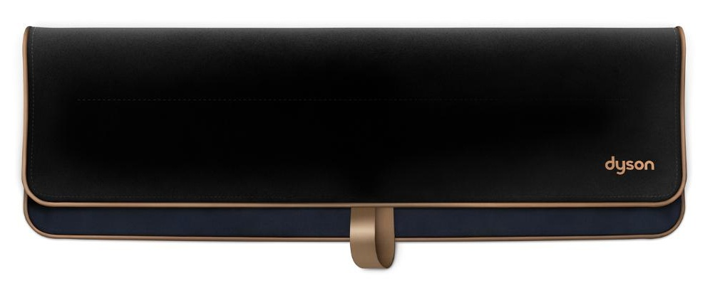 Czarne etui Dyson ze złotym obramowaniem i logo. Dolna część jest granatowa ze złotym paskiem.