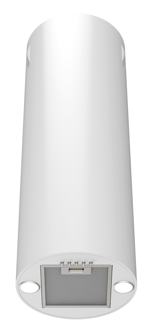 Biały cylindryczny okap kuchenny. Posiada filtr siatkowy, światła i przyciski sterowania.