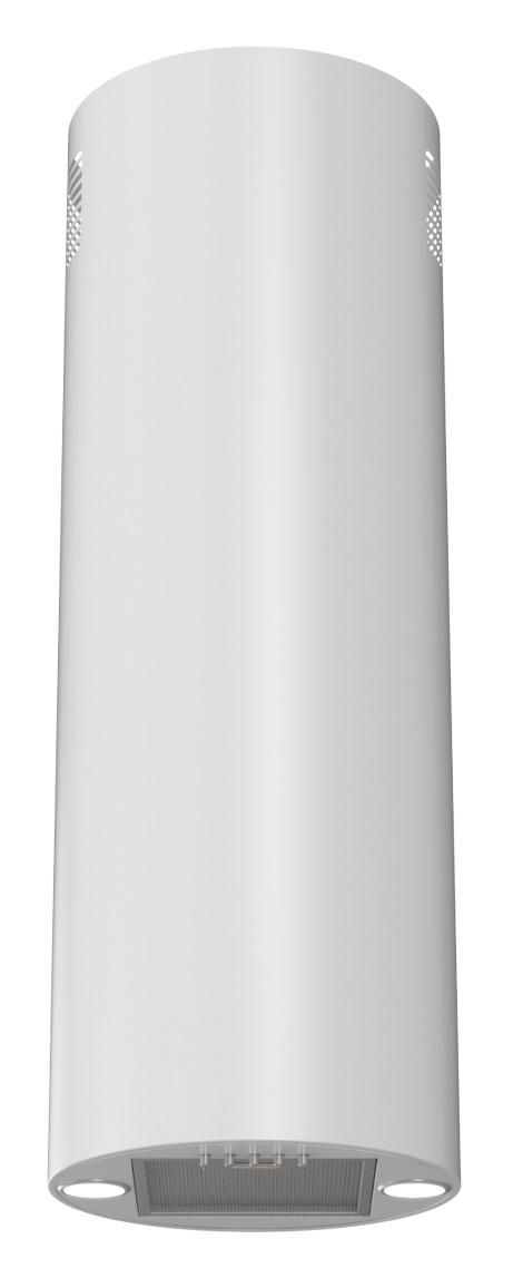 Biały, cylindryczny okap kuchenny. Ma perforowaną górę i dół ze światłami oraz metalowym filtrem.