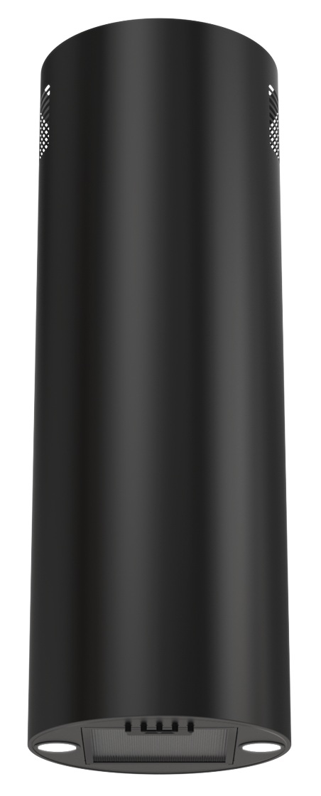 Czarny, cylindryczny okap na białym tle. Ma otwór wentylacyjny z otworami u góry i światłami na dole.