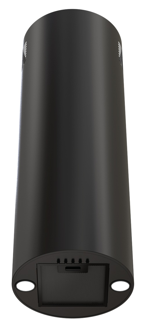 Czarny, cylindryczny okap z dwoma światłami na dole. Posiada wentylację i filtr. Tło jest białe.