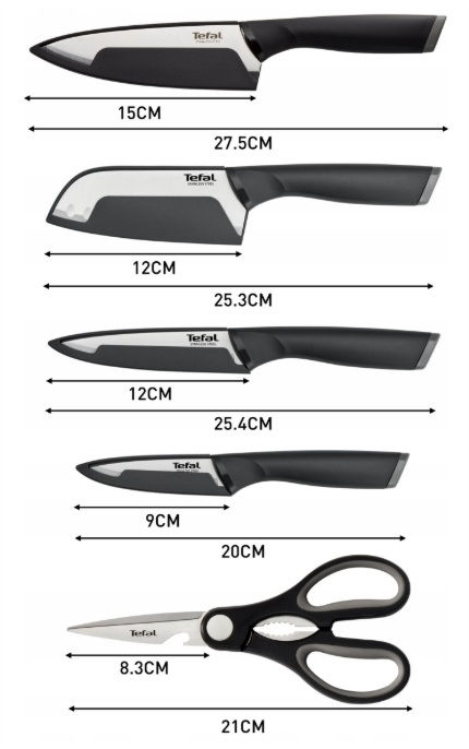 Zestaw noży i nożyczek kuchennych Tefal. Noże mają czarne ostrza i uchwyty. Nożyczki są czarno-srebrne.