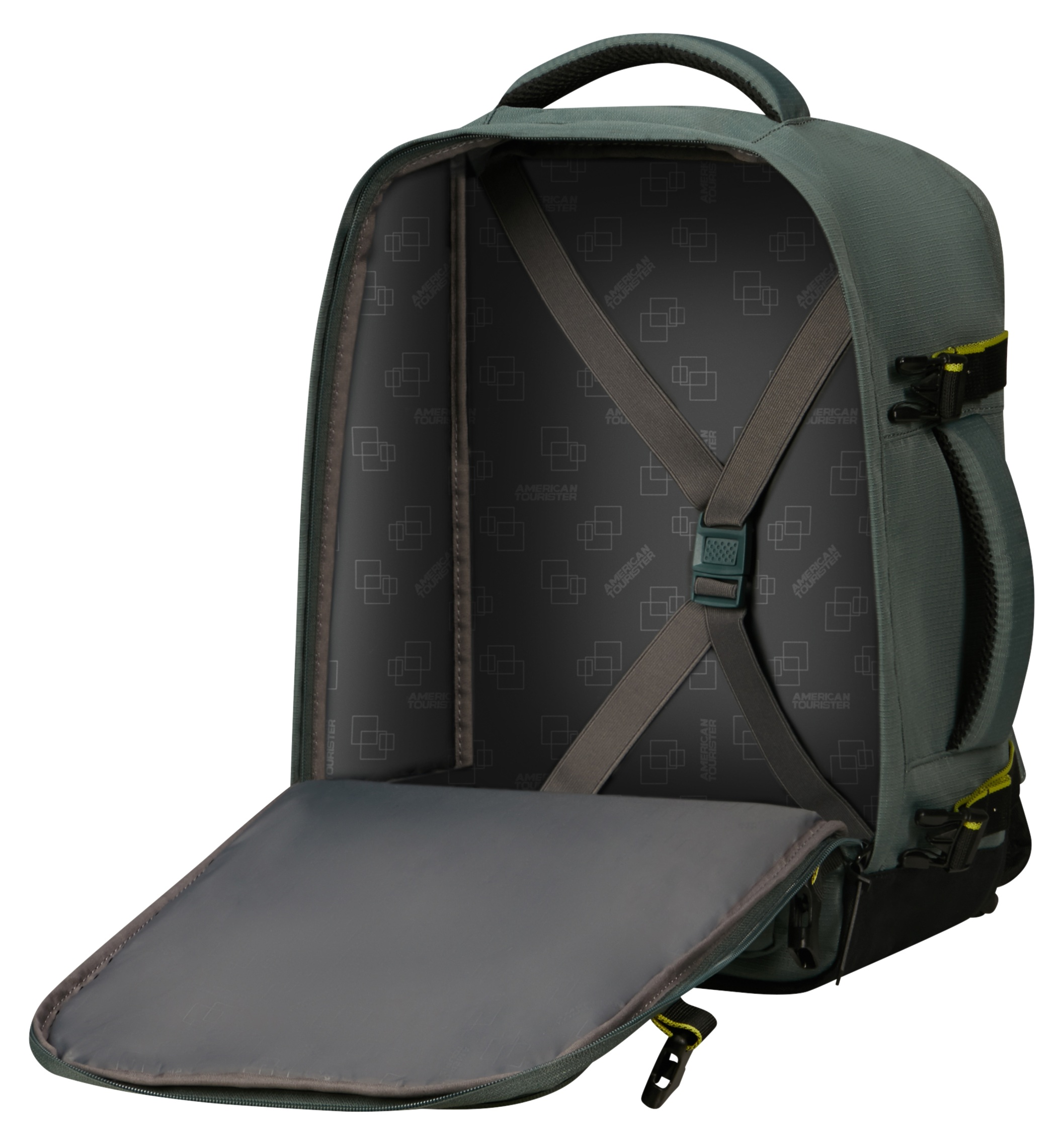 Otwarty szary i czarny plecak. Wewnątrz widoczne paski i przegroda na zamek błyskawiczny.