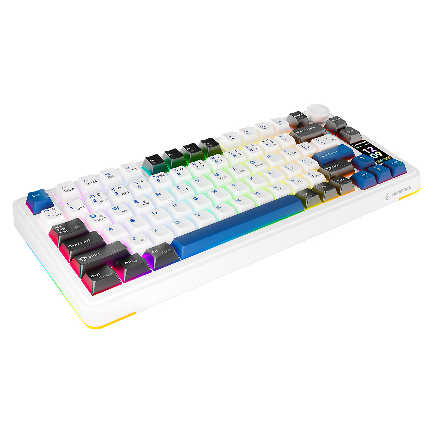 Renkli tuşlara sahip beyaz mekanik bir klavye. Mavi bir şeride ve alt kenar boyunca RGB aydınlatmaya sahip.
