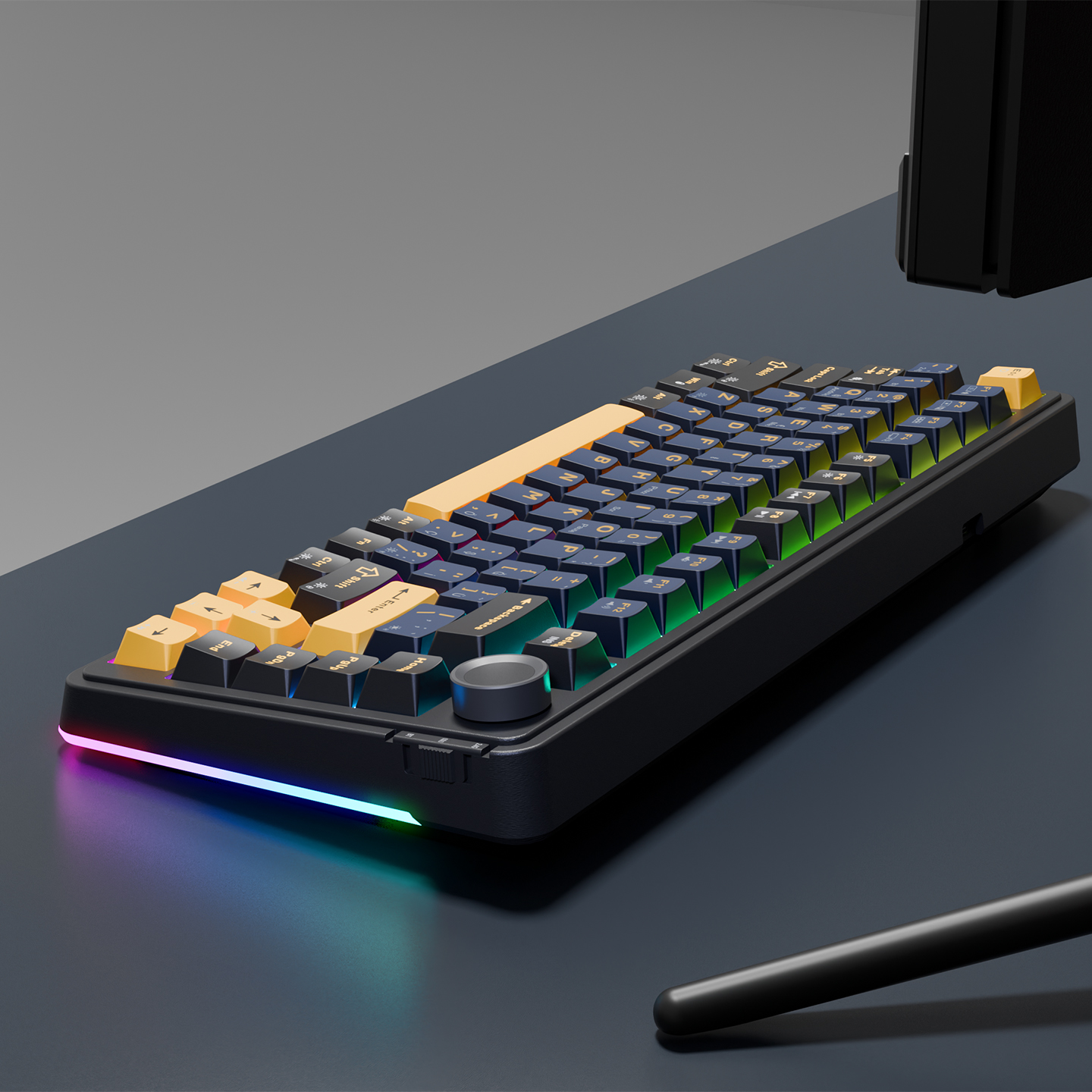 Mavi ve sarı tuş başlıkları, RGB aydınlatması ve gümüş bir düğmesi olan siyah bir mekanik klavye, koyu mavi bir yüzeyde.