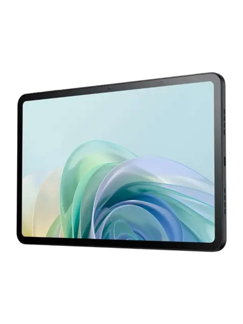 Siyah çerçeveli bir tablet. Ekran, mavi, yeşil ve beyaz girdaplarla renkli soyut bir tasarım sergiliyor.