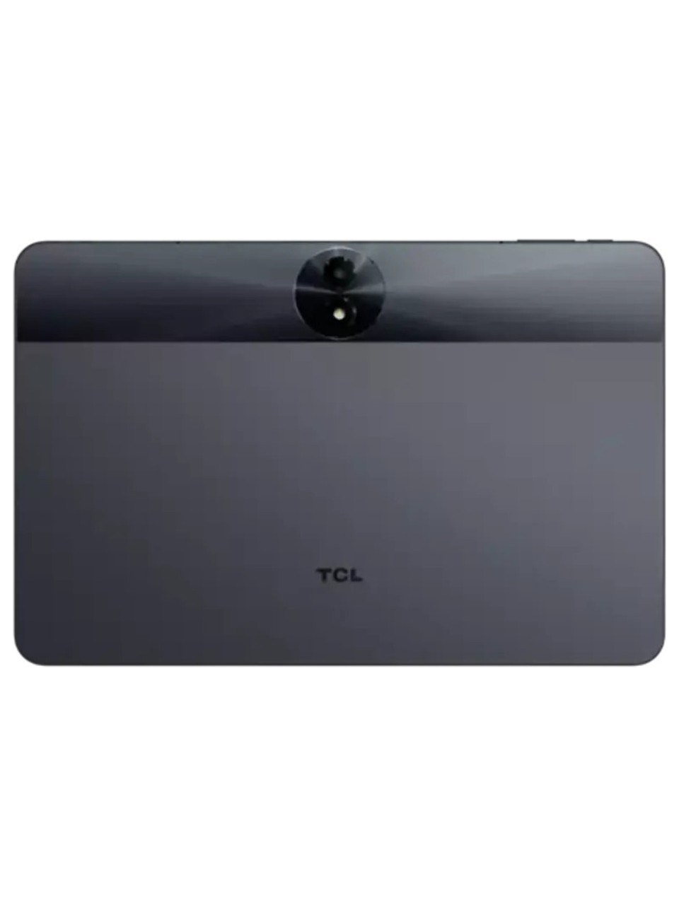 Koyu gri bir tabletin arkası. Üstte bir kamera var. TCL kelimesi altta. Şık tasarım, basit arka plan.