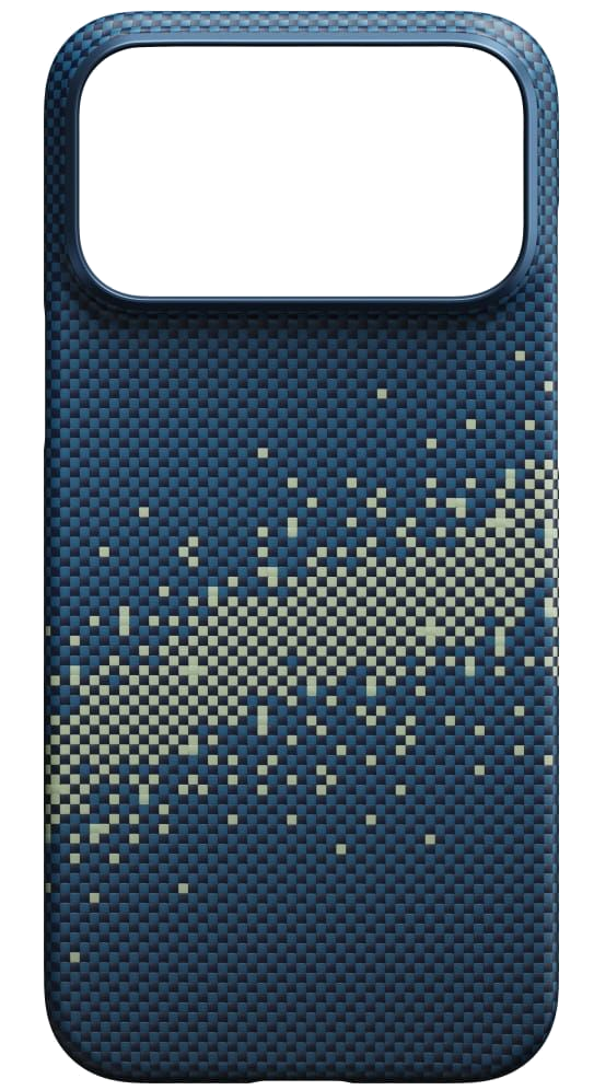 Etui na telefon z niebiesko-białym wzorem w kratę, z czarnym prostokątem na aparat. Etui ma niebieską ramkę.