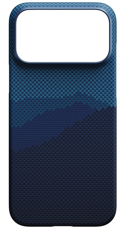 Ciemnoniebieskie etui na telefon. Ma gradient niebieskich odcieni. U góry ma wycięcie na aparat.