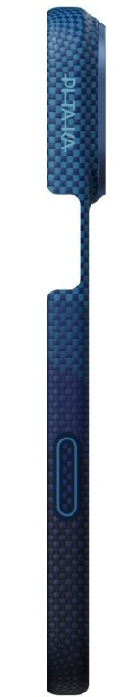 Niebieskie etui na telefon z teksturowanym wzorem. Słowo PHAKA jest wydrukowane na górnej części. Ma zakrzywiony kształt i przycisk.