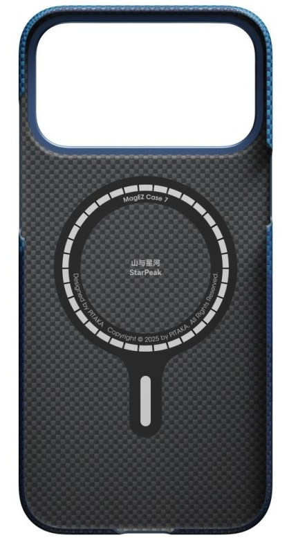 Etui na telefon z teksturą włókna węglowego. Ma okrągły wzór MagEZ i tekst: MagEZ Case 7, StarPeak i prawa autorskie PITAKA.