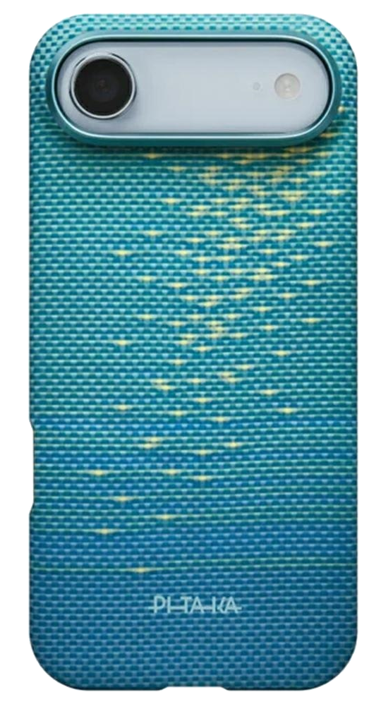 Niebieskie etui na telefon z żółtym geometrycznym wzorem i modułem kamery.