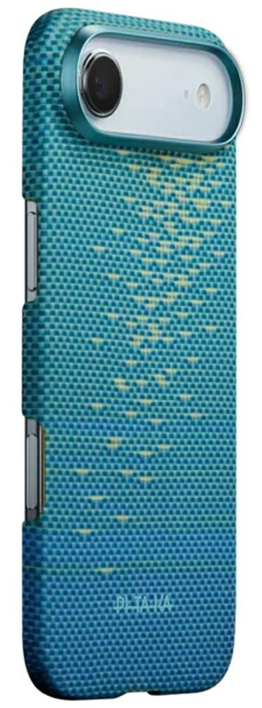 Niebieskie etui na telefon ze wzorem i otworem na aparat.