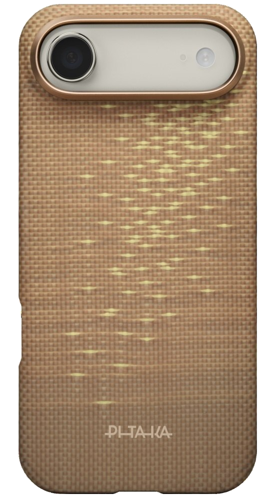 Brązowe etui na telefon z wycięciem na aparat i wzorem.