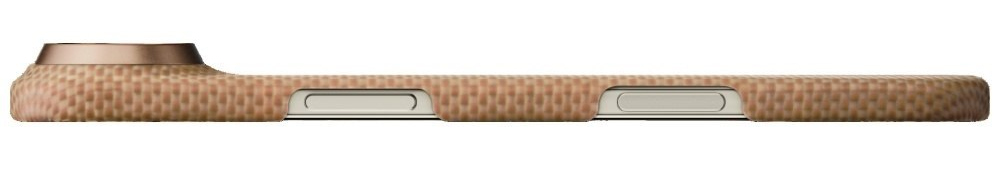 Brązowe etui na telefon z plecionym wzorem i dwoma srebrnymi wycięciami.