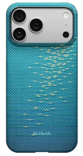 Turkusowe etui na telefon z teksturowanym wzorem i soczewkami aparatu. Wzór ma jasnożółty design. Etui ma nazwę marki.