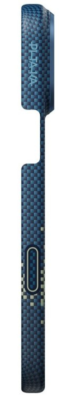 Niebiesko-czarny obiekt z wzorem w kratę, z zakrzywioną górą i prostokątnym korpusem. Posiada wycięcia i srebrny detal.