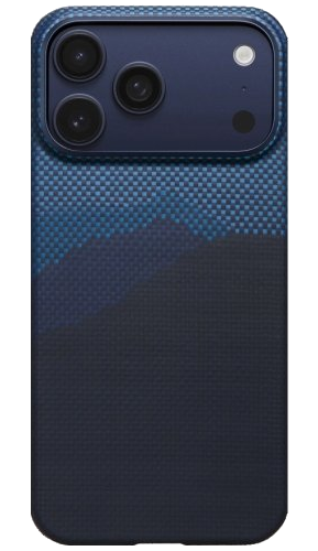 Ciemnoniebieskie etui na telefon. Widoczne są trzy obiektywy aparatu i lampa błyskowa. Obudowa ma wzór tekstury, przypominający pasmo górskie.