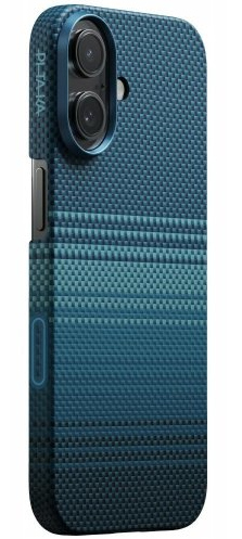 Niebieskie etui na telefon z teksturowanym wzorem i podwójnymi obiektywami aparatu. Etui ma efekt gradientu, widoczna nazwa marki.