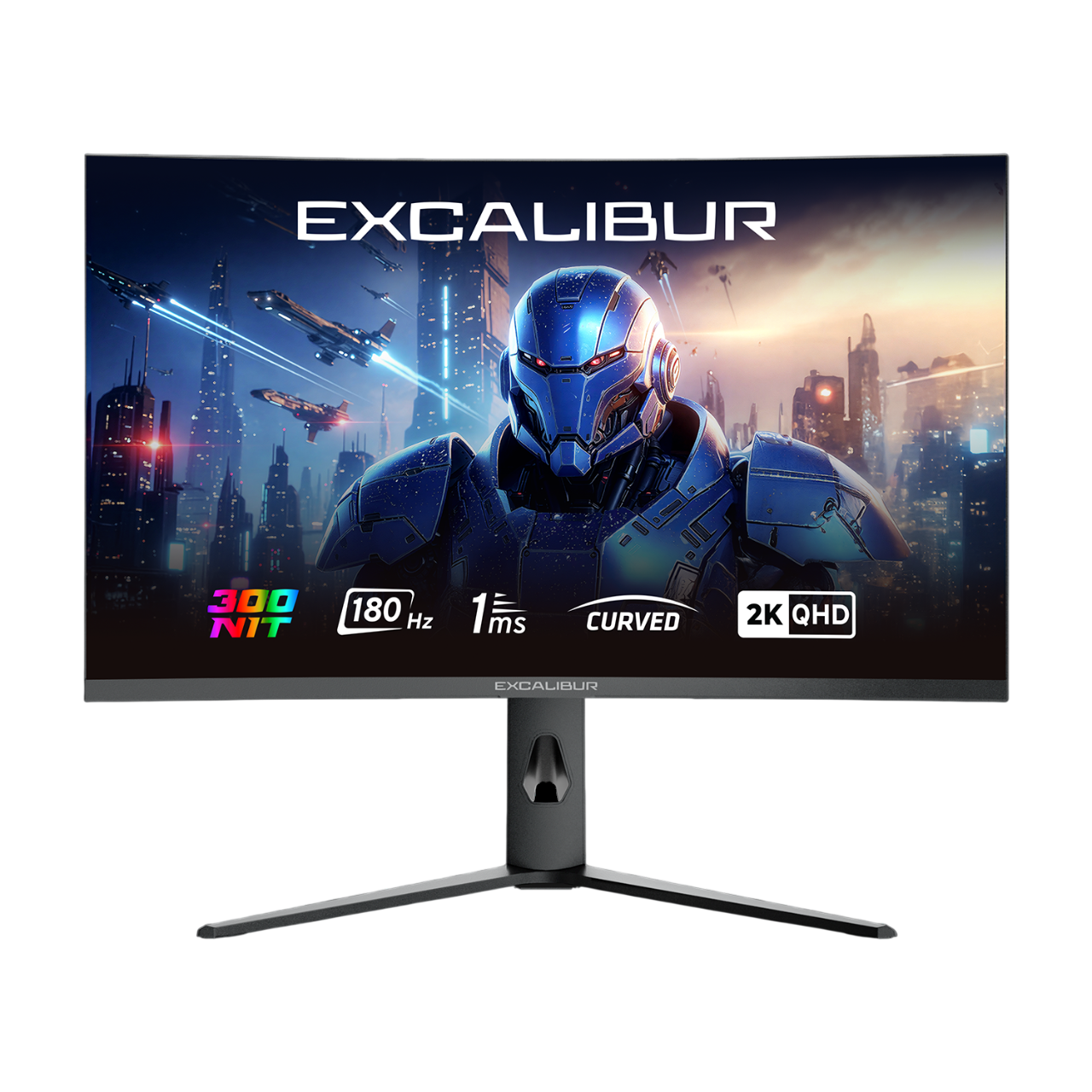 EXCALIBUR logolu kavisli monitör. Ekran, robotla fütüristik bir şehir sahnesi gösteriyor. Özellikler: 180Hz, 1ms, 2K QHD.