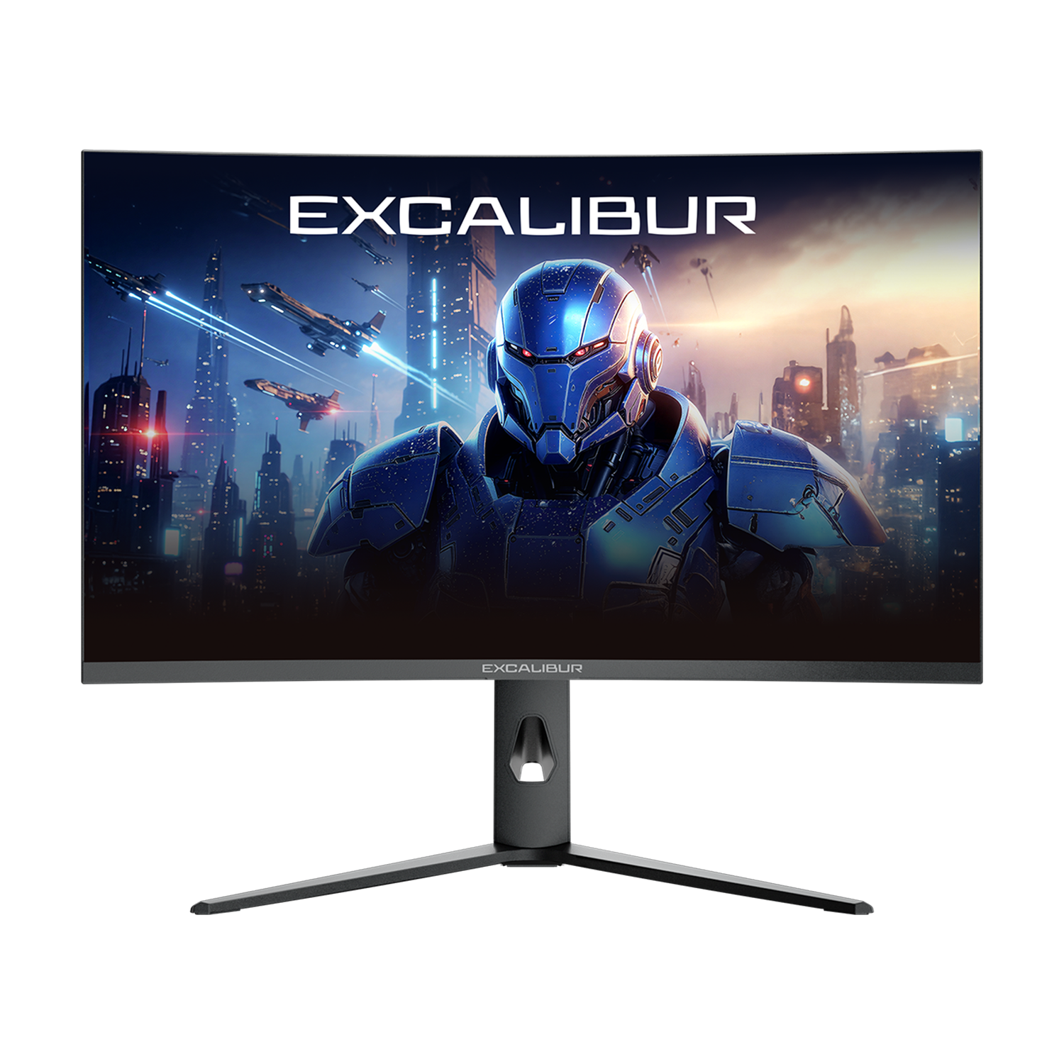 Fütüristik bir sahneye sahip monitör. Mavi bir robot, uçan araçlarla bir şehrin önünde duruyor. Monitörün markası EXCALIBUR.