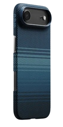 Niebieskie etui na telefon z wycięciem na aparat. Etui ma teksturowaną powierzchnię z gradientem od ciemnoniebieskiego do jasnoniebieskiego.