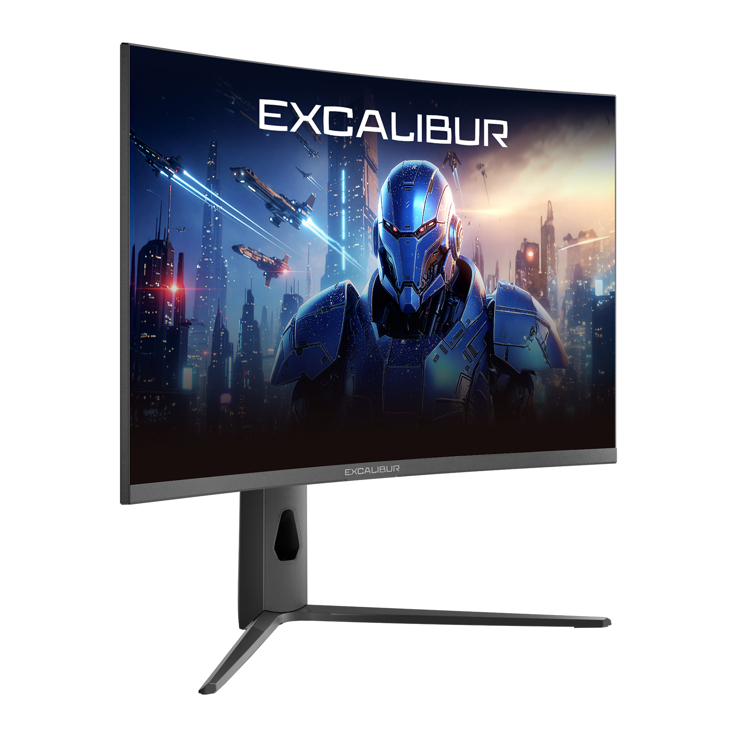 Fütüristik sahne, robot ve uçan gemiler içeren monitör, EXCALIBUR kelimesi ekranda.