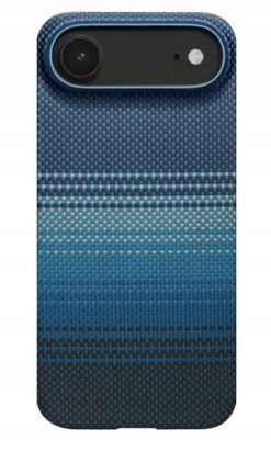 Niebieskie etui na telefon z aparatem, gradient od ciemnego do jasnoniebieskiego. Teksturowana powierzchnia z poziomymi liniami.