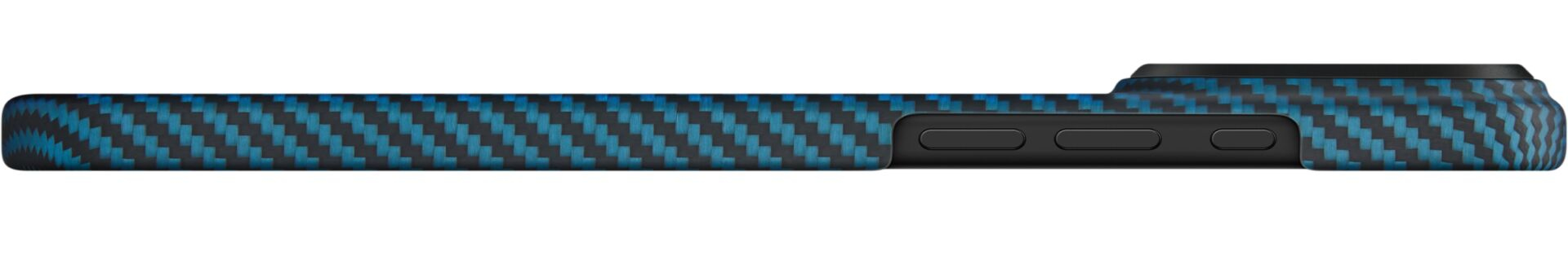 Widok z boku etui na telefon z czarno-niebieskim wzorem z włókna węglowego, czarnymi przyciskami i ramką.