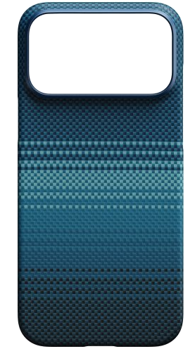 Niebieskie etui na telefon z gradientem. Ma wycięcie na aparat i teksturowany wzór, przechodzący od ciemnoniebieskiego do jasnoniebieskiego.