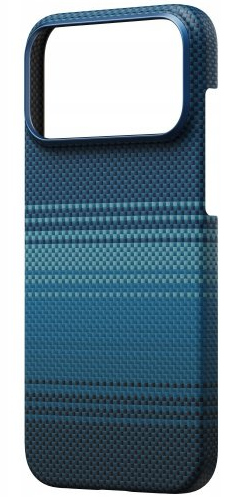 Niebieskie etui na telefon z teksturowanym wzorem. Posiada wycięcie na aparat i gradient niebieskiego, od ciemnego do jasnego.