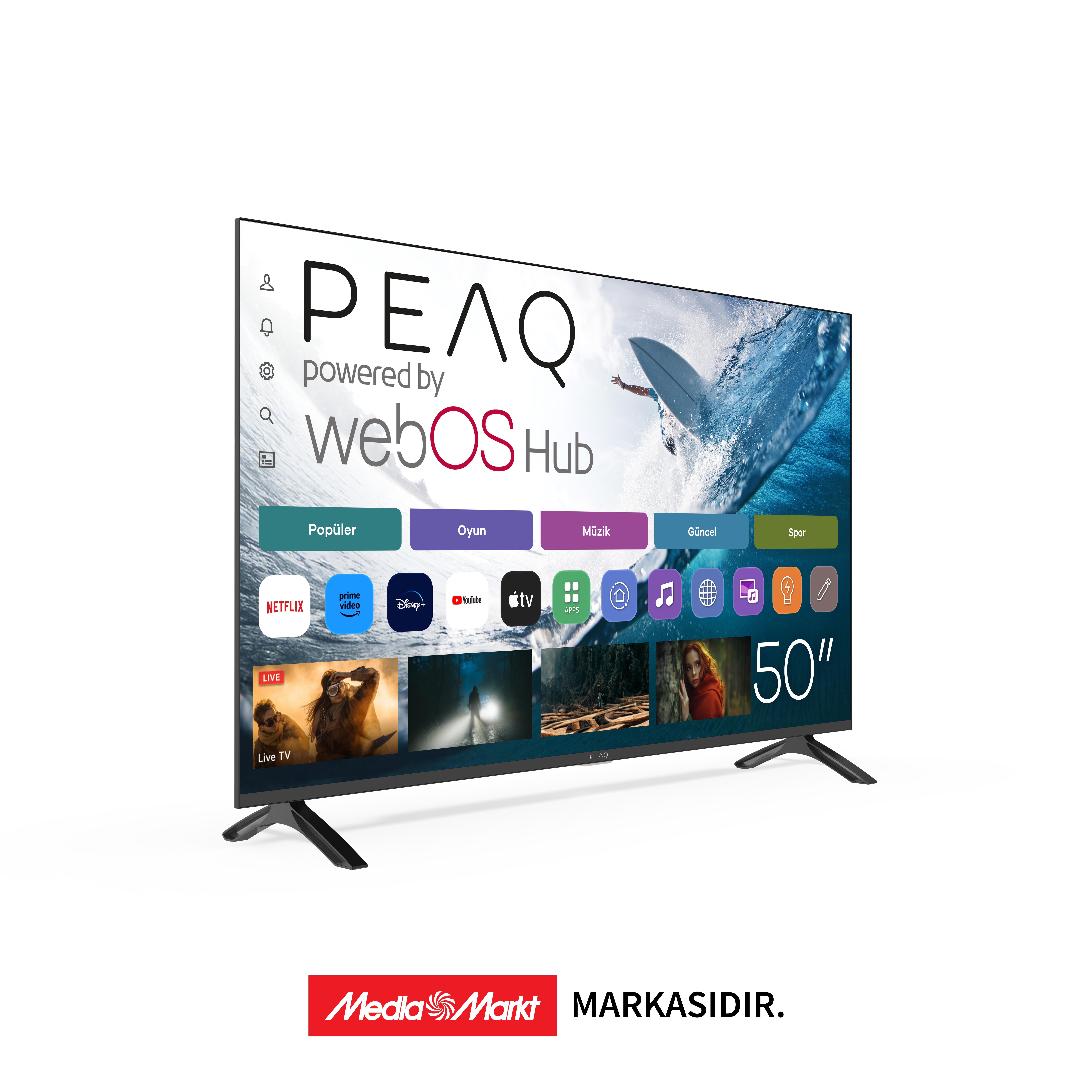 50" PEAQ TV, webOS Hub arayüzünü gösteriyor. Uygulamalar arasında Netflix, YouTube ve Disney+ var. Alt kısımda Media Markt logosu var.