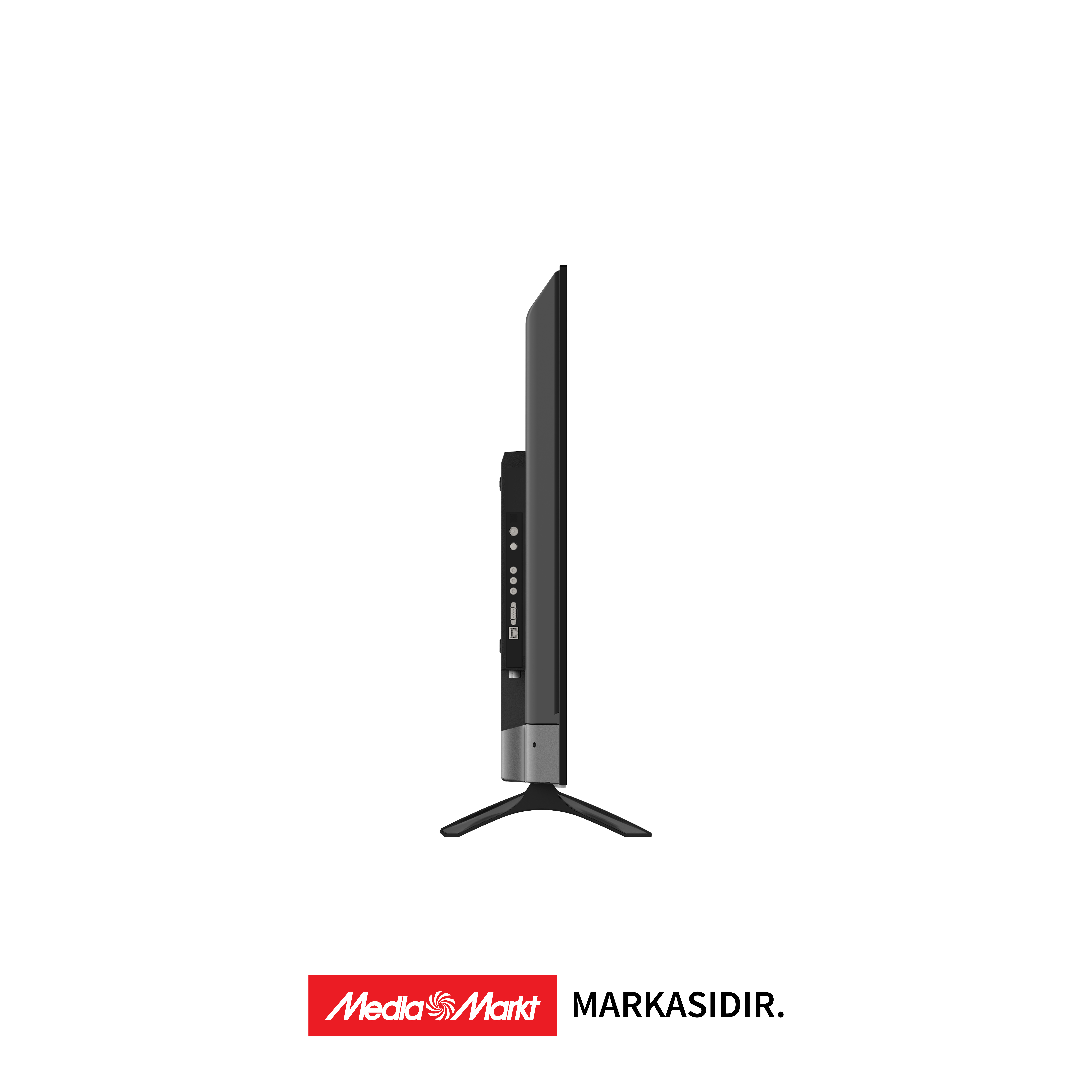 Ayaklı siyah bir TV'nin yan görünümü. Media Markt logosu ve 'MARKASIDIR' altta.