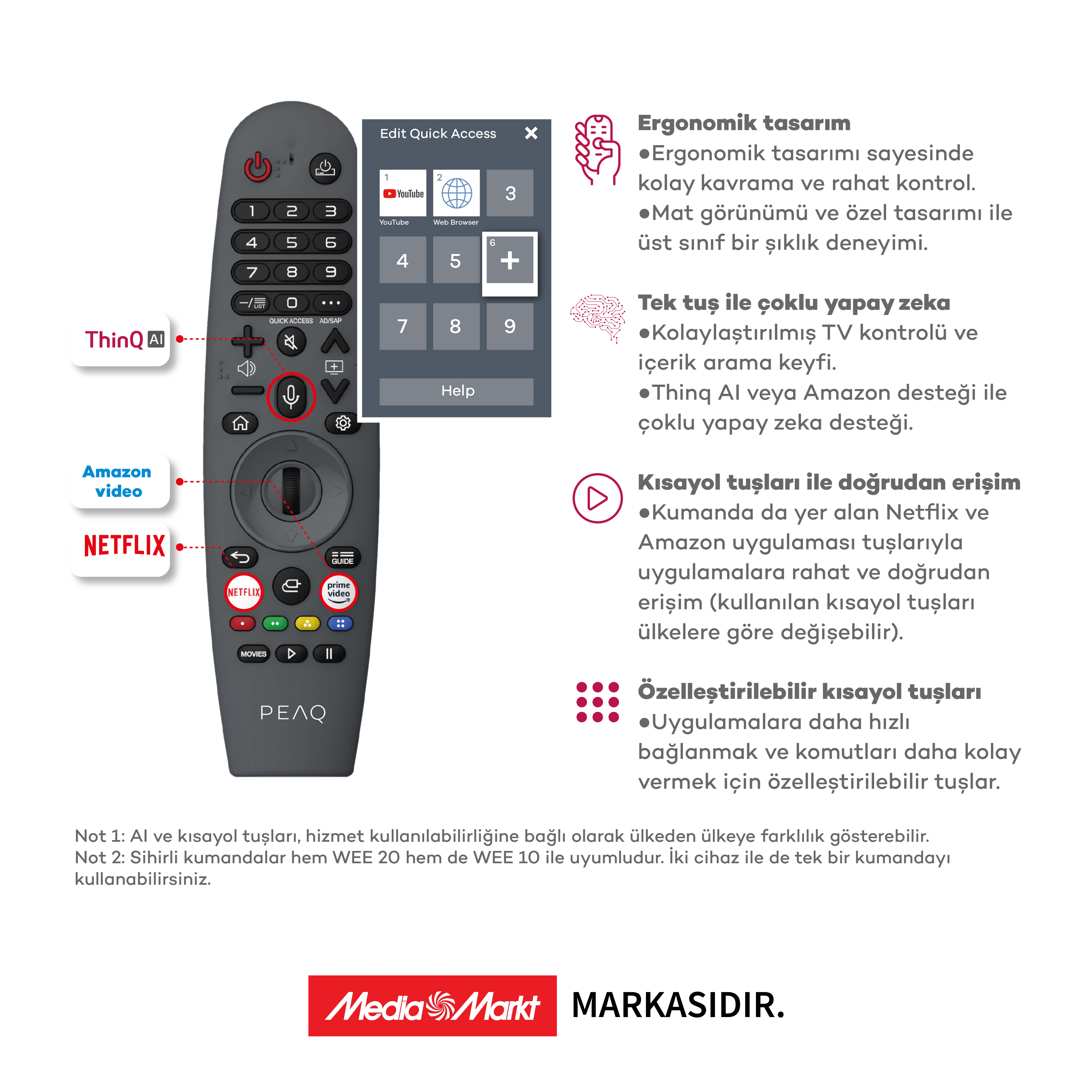 Netflix ve Amazon video kısayolları ve Media Markt logosu bulunan gri bir PEAQ uzaktan kumandası.