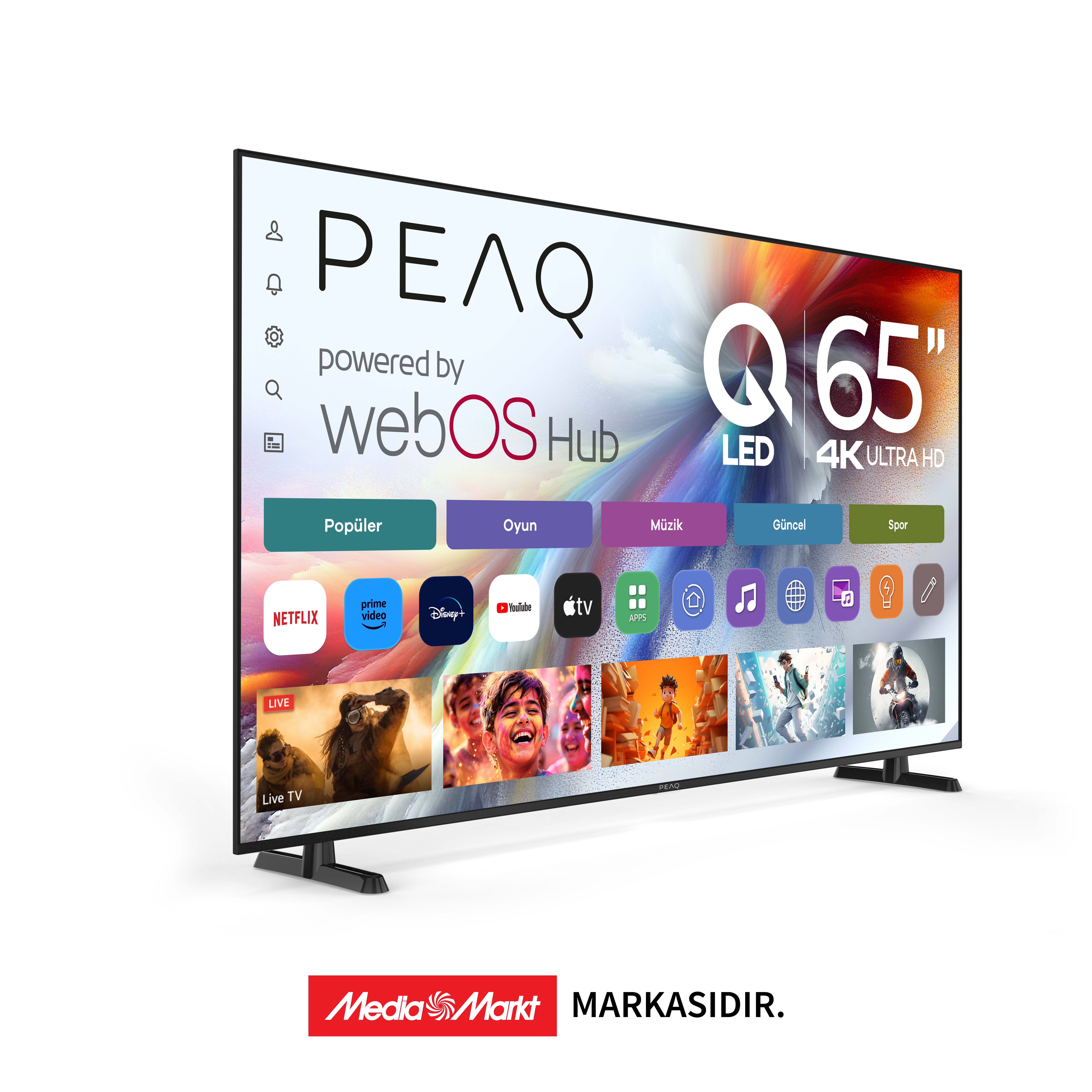 Uygulamalar, 4K çözünürlük ve webOS Hub özellikli 65 inç PEAQ TV. Alt kısımda MediaMarkt logosu.