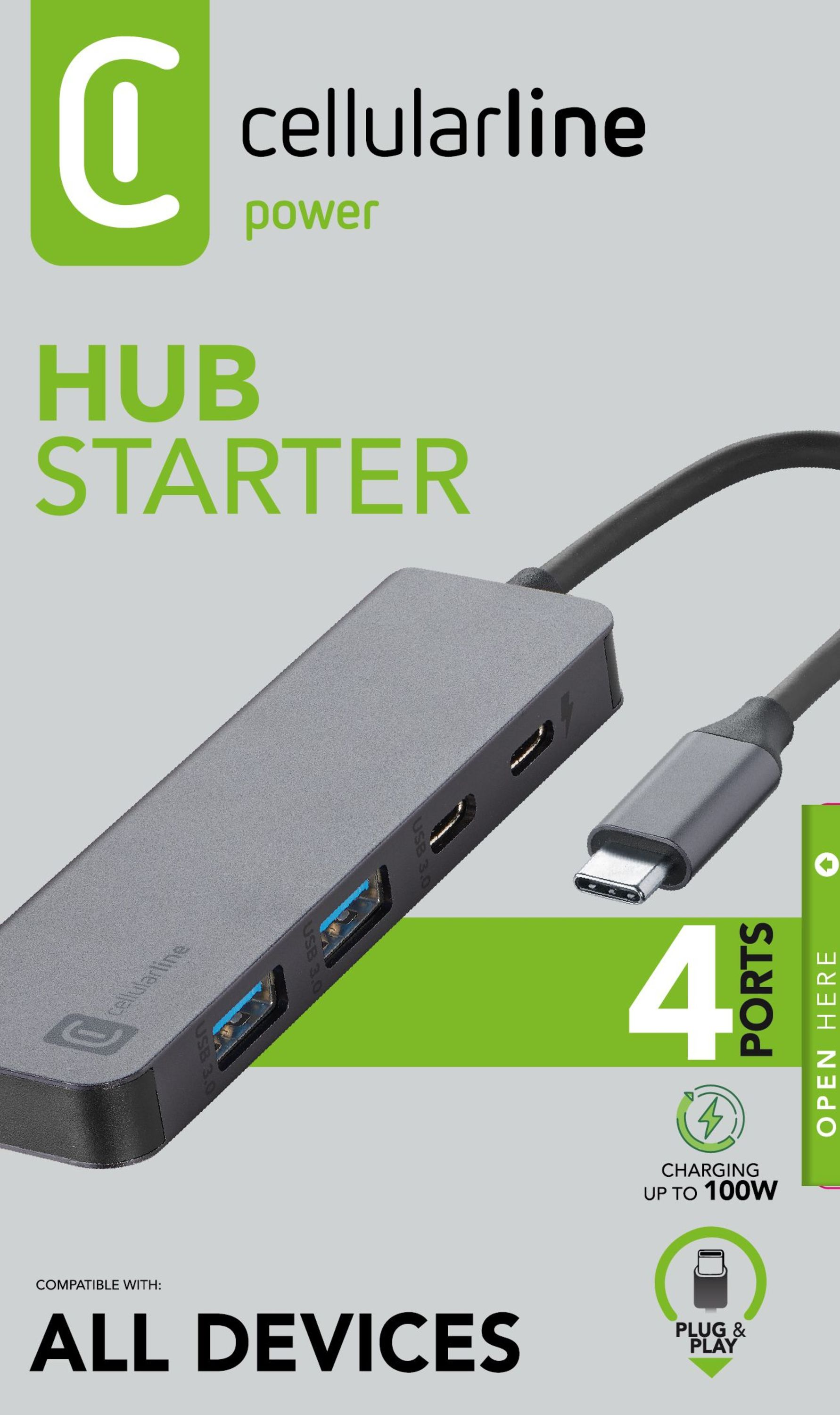 Cellularline Hub Starter. USB portları ve USB-C konektörlü gri hub. Yeşil vurgular. Metin: Tüm Cihazlar, 4 Port, Şarj 100W.
