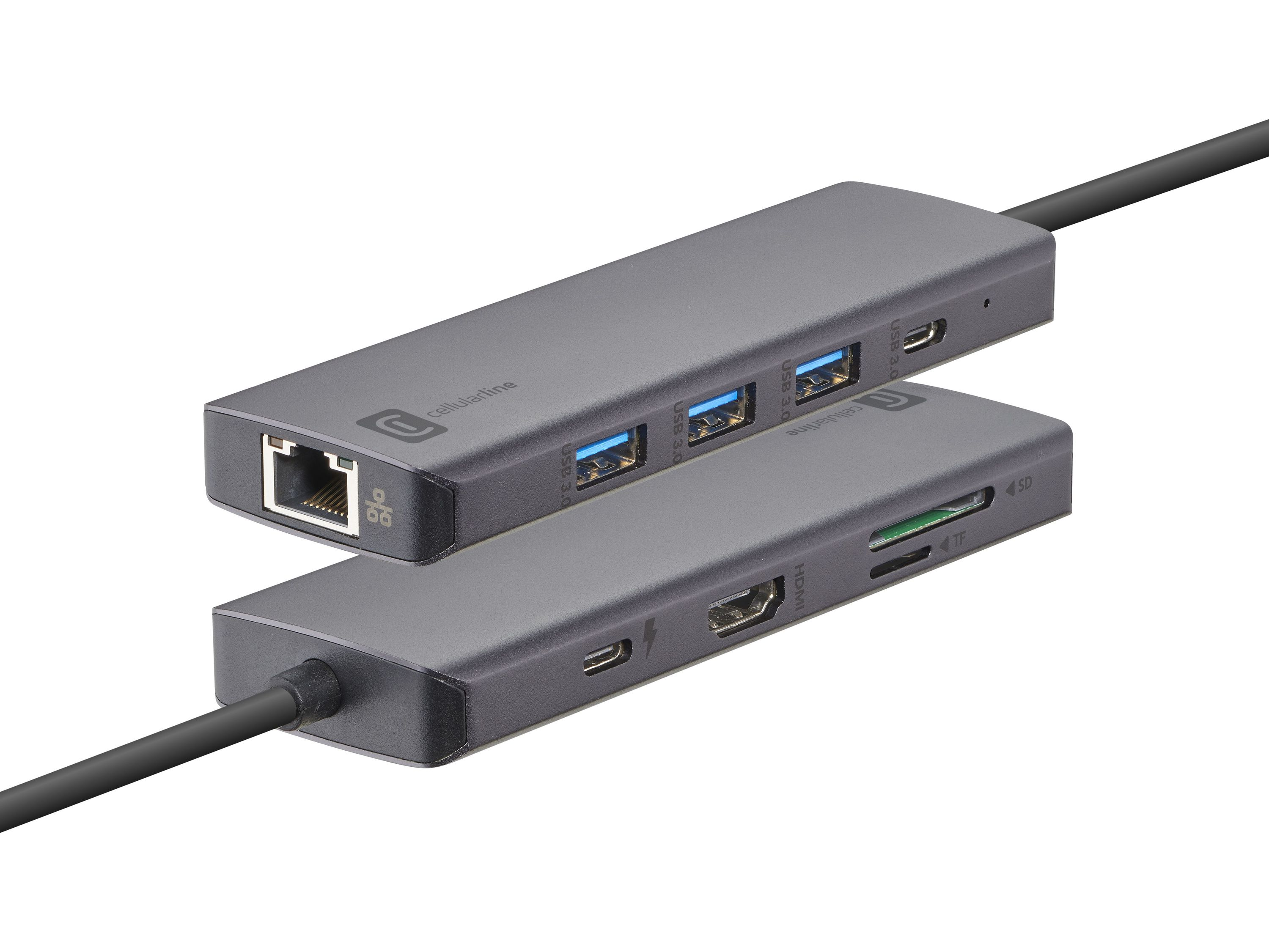 Siyah bir kabloyla bağlanan, USB 3.0, HDMI ve kart okuyucuları dahil olmak üzere çoklu bağlantı noktalarına sahip gri bir USB hub.