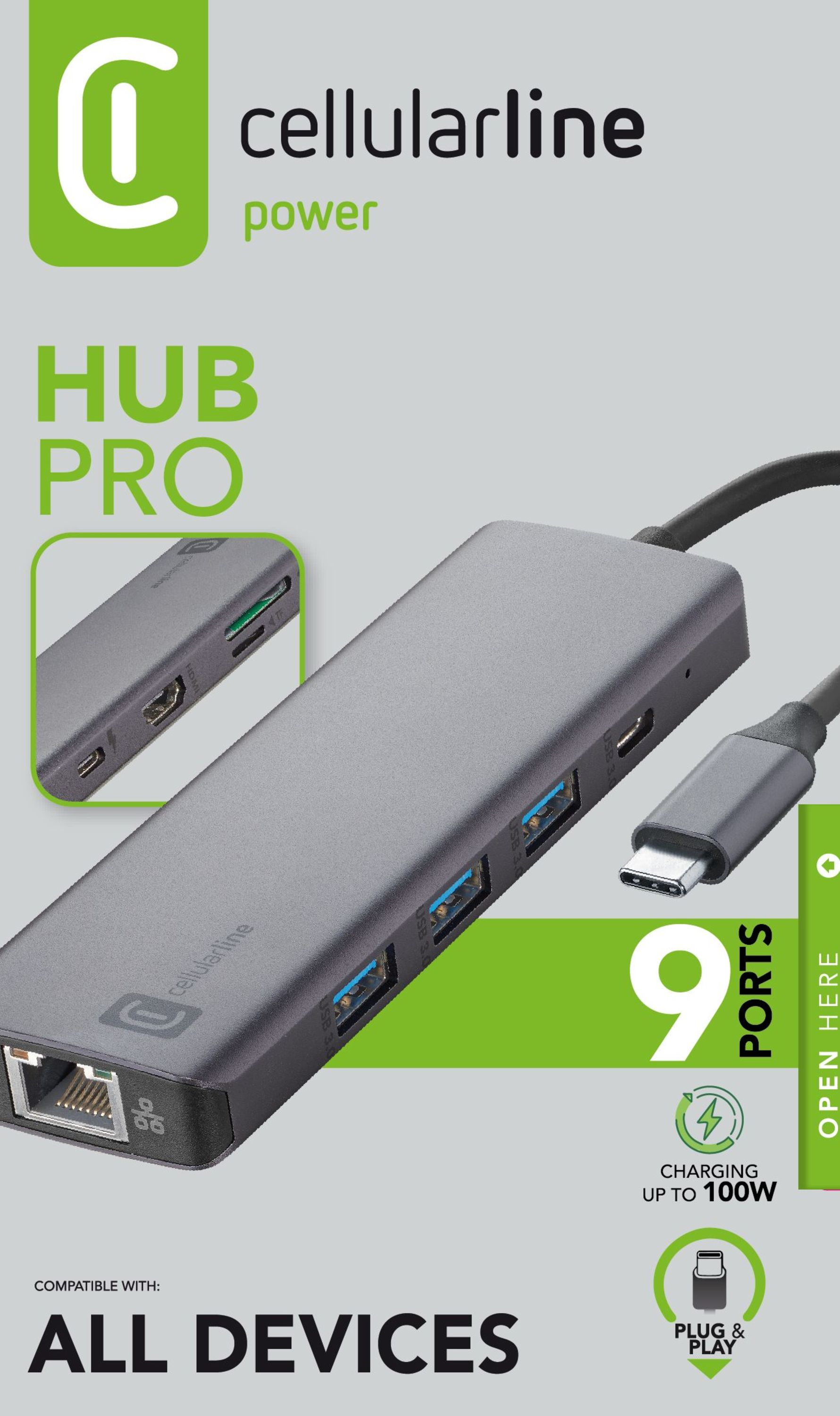 Çoklu bağlantı noktasına sahip gri bir hub. Cellularline markası görünür. Metin: 'HUB PRO' ve '9 PORTS'.
