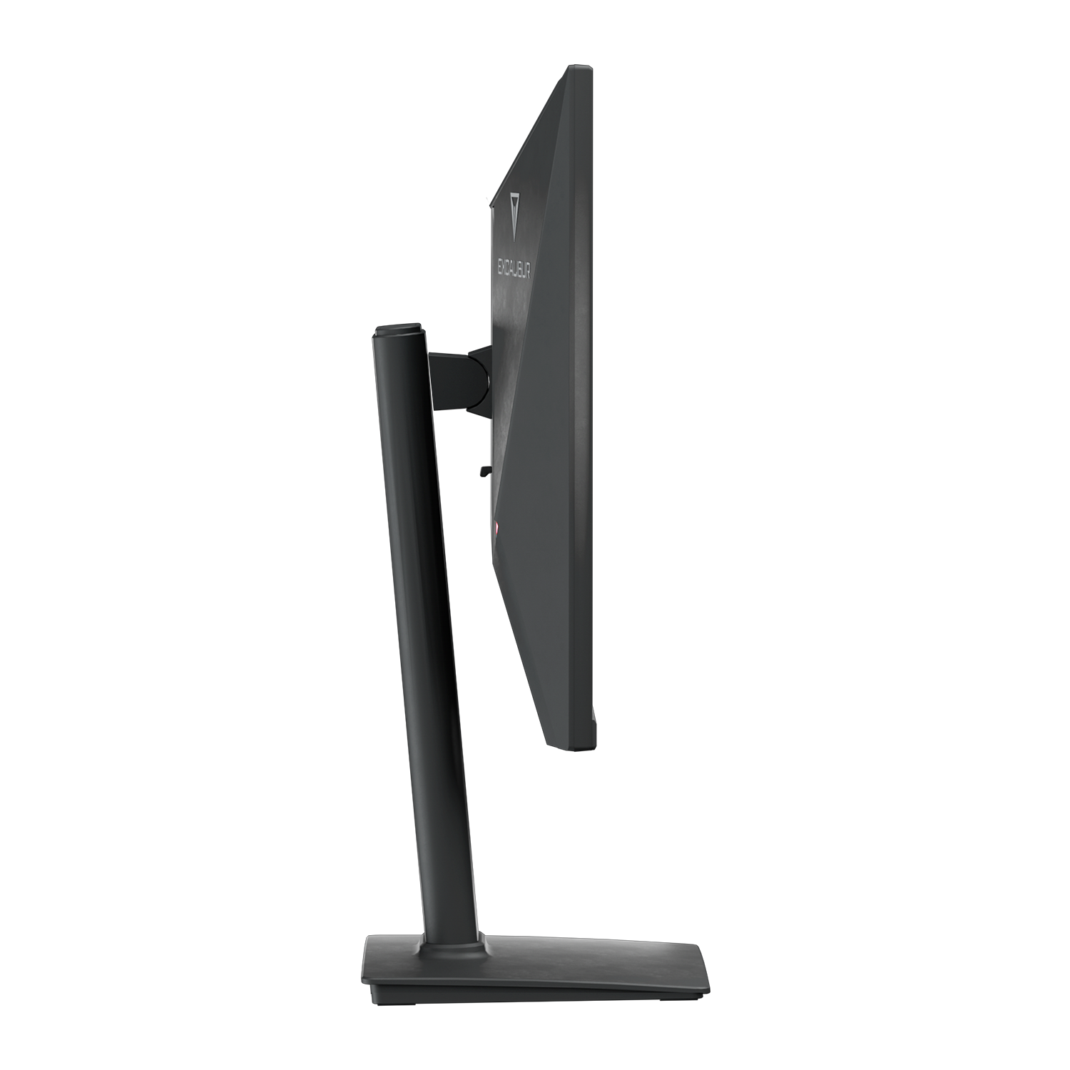 Siyah bir bilgisayar monitörünün yan görünümü. Üçgen bir logosu ve EXCALIBUR yazısı var. Monitör siyah bir stand üzerinde duruyor.