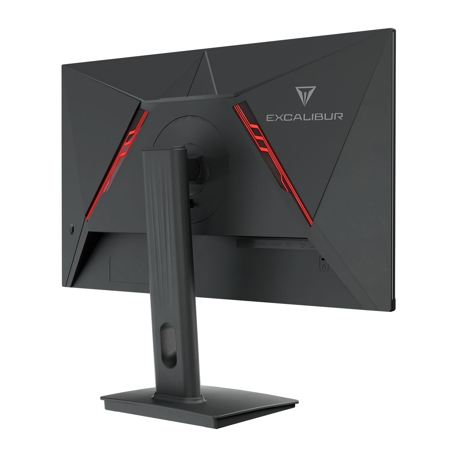 Siyah bir Excalibur monitörün arkası. Bir standı, kırmızı vurgu ışıkları ve markanın logosu var. Arka plan siyahtır.