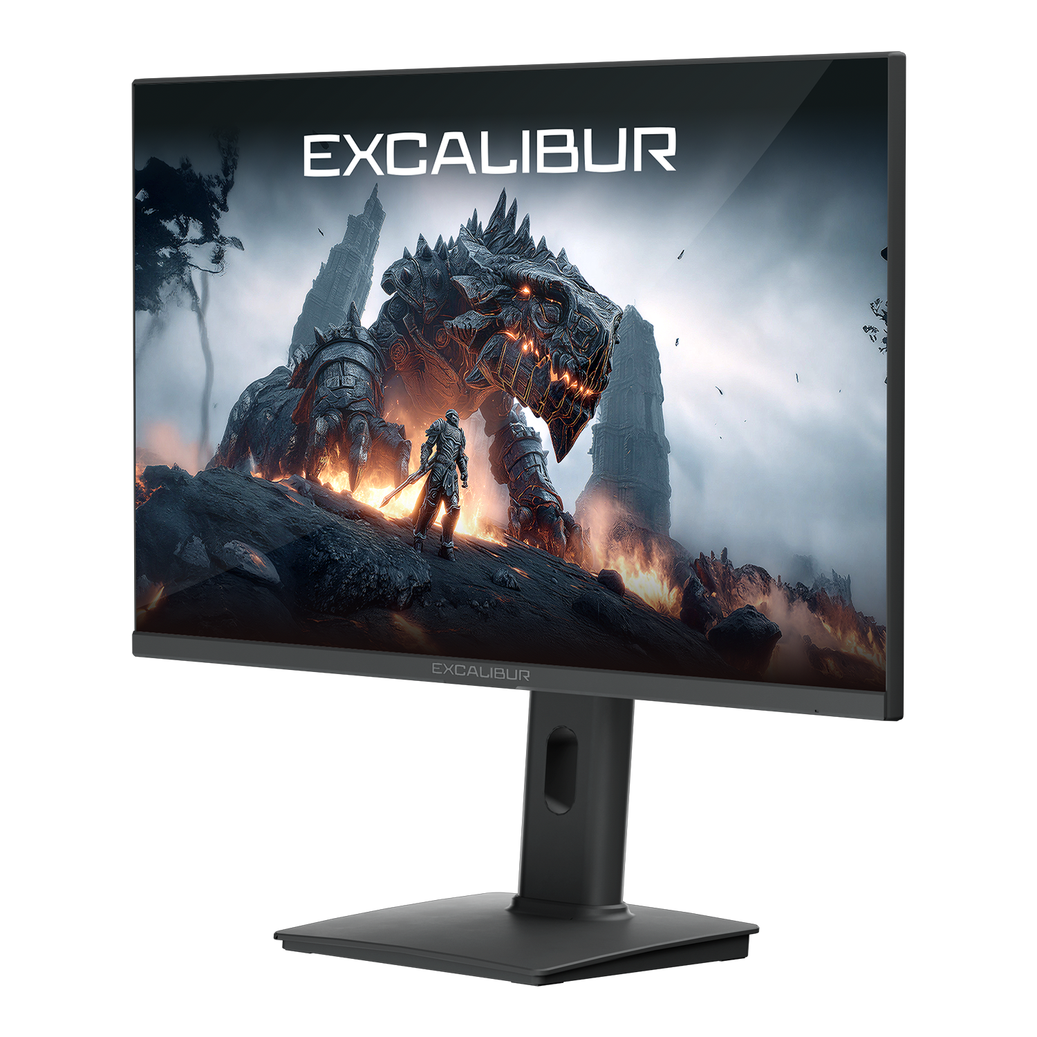 Monitör, devasa bir canavarla yüzleşen bir savaşçıyı gösteriyor. EXCALIBUR kelimesi üstte ve altta. Karanlık renkler hakim.