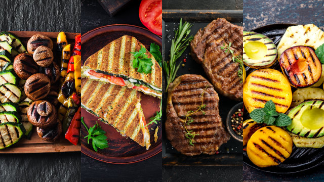 Izgara sebzeler, domatesli sandviç ve ızgara biftek, ızgara avokado ve ananas ile. Yemek fotoğrafçılığı, yukarıdan görünüm.