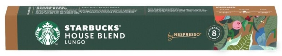 Pudełko kawy Starbucks House Blend LUNGO. Zielone z białym tekstem i logo. Brązowy wierzch i bok. Intensywność 8. Kwiatowy wzór z boku.